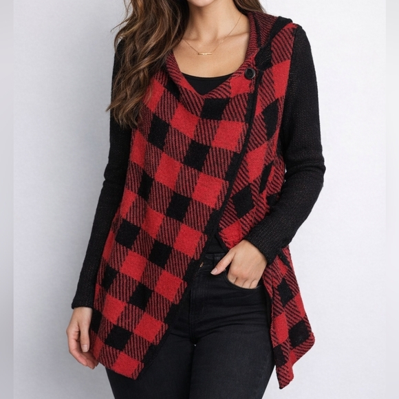 Dex Sweaters - Dex Red & Black Plaid Draped Cardigan Jacket | Size Small